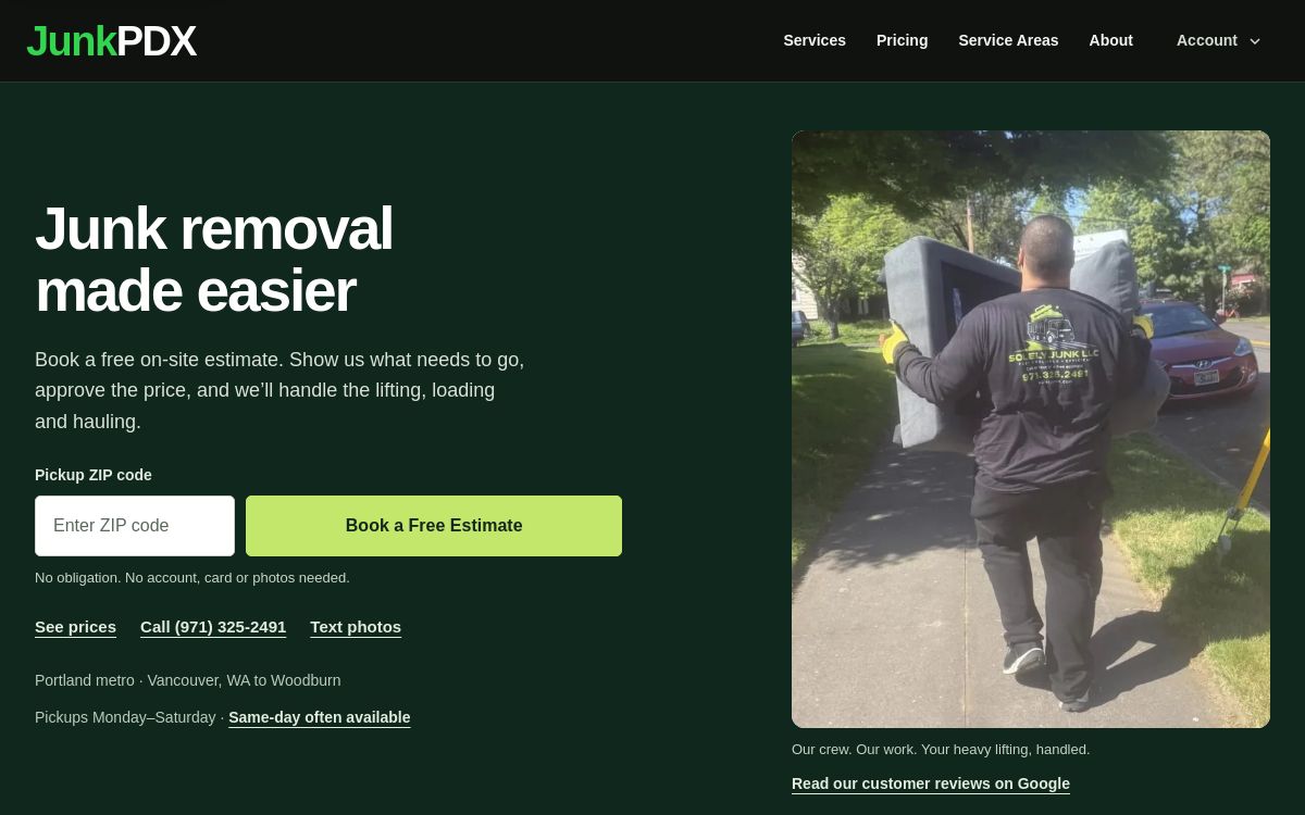 JunkPDX homepage showing its visual identity, introduction and primary contact action