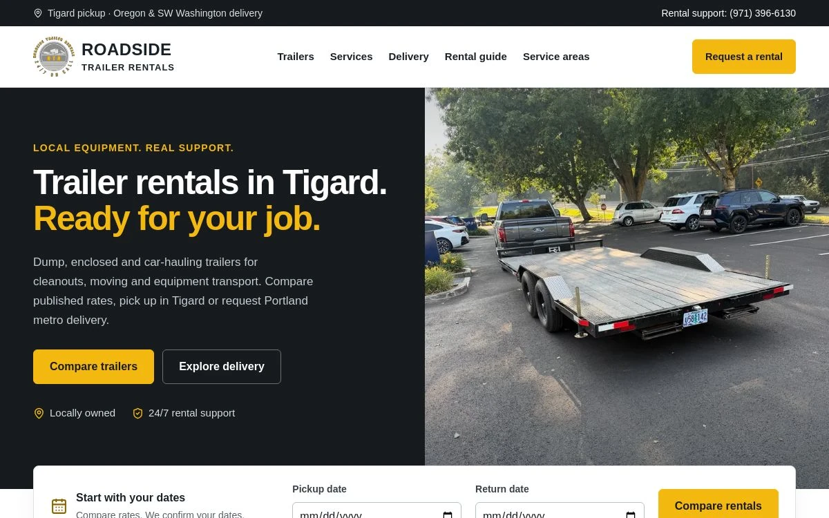 Roadside Trailer Rentals website homepage